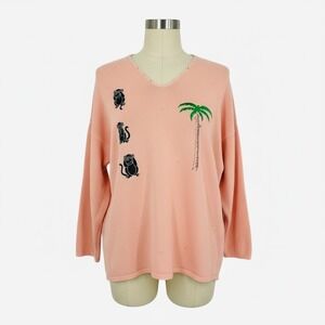 VON V-Neck Monkey Palm Tree Rhinestone Cotton Knit Sweater Pink XL